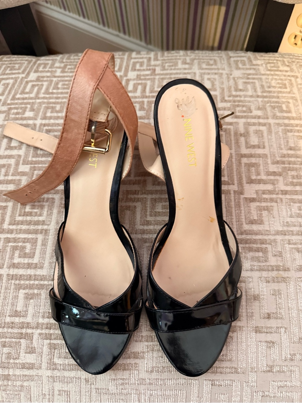 Nine West Black Patent Heels with Tan Ankle Strap